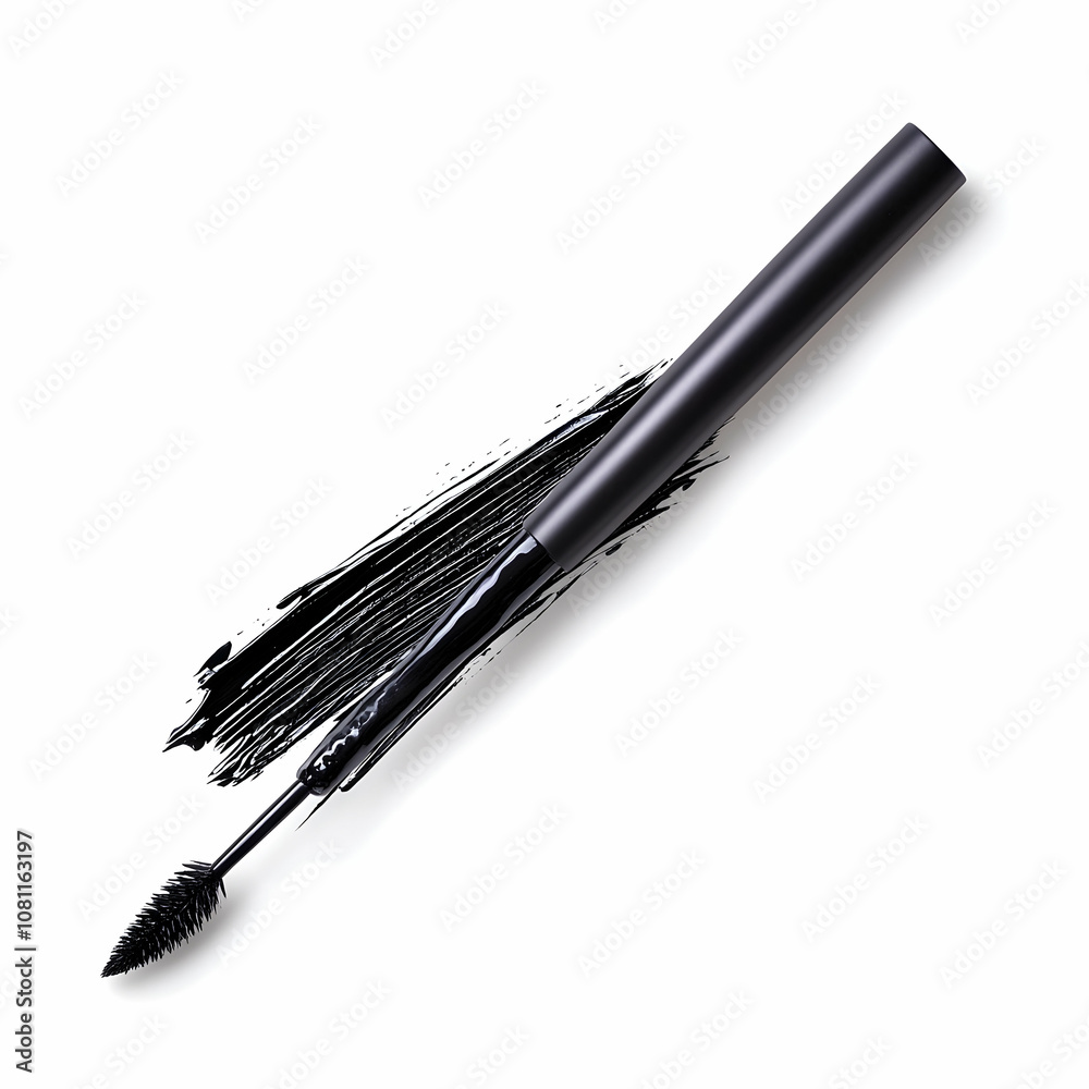 Black Mascara Wand with Swatch on White Background, makeup, cosmetics, beauty, brush, applicator Black Mascara Wand with Swatch on White Background, makeup, cosmetics, beauty, brush, applicator