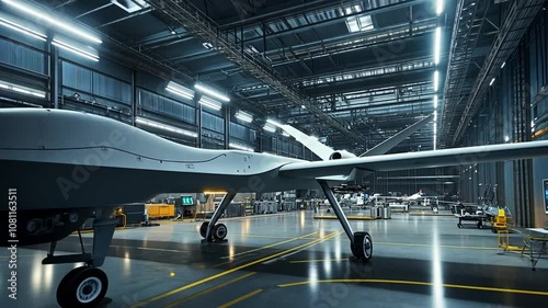 Drone Aircraft in a Large Industrial Hangar