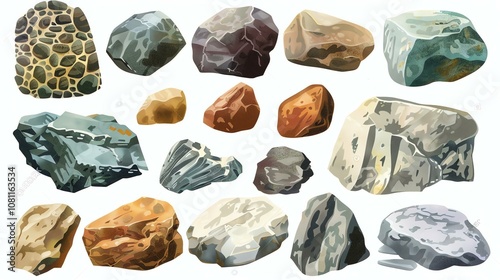 A collection of hand-drawn vector illustrations of various rocks and stones. photo