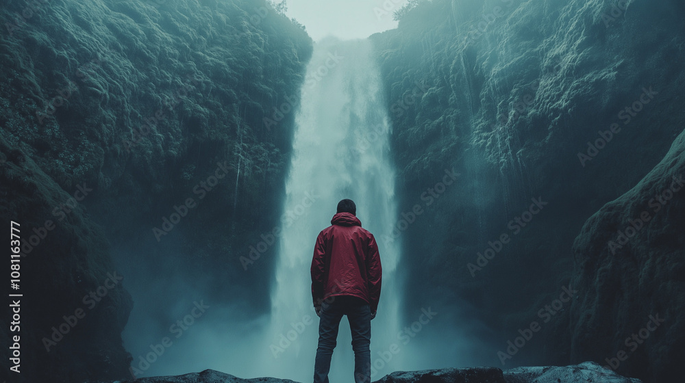 Obraz premium person in a red jacket stands before a large waterfall in a rocky canyon