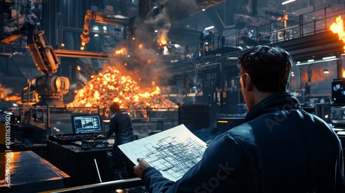 Panicked Man Holding Burning Blueprint on Factory Floor - Chaos and Emergency Concept Generative AI photo