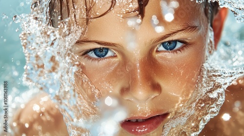 Portrait of a child with blue eyes, captured in an intense close-up with water splashing around, showcasing the fresh and playful essence of childhood fun in water.