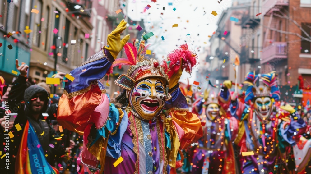 Colorful New Year's Eve Parade with Floats and Performers in Vibrant Costumes