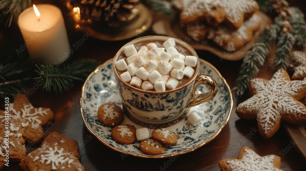 A Cup of Hot Cocoa with Marshmallows and Gingerbread Cookies A Cup of Hot Cocoa with Marshmallows and Gingerbread Cookies