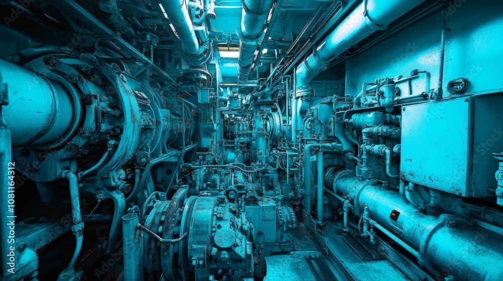 Intricate Engine Room with Muted Shades of Blue, Industrial Photography Generative AI Intricate Engine Room with Muted Shades of Blue, Industrial Photography Generative AI