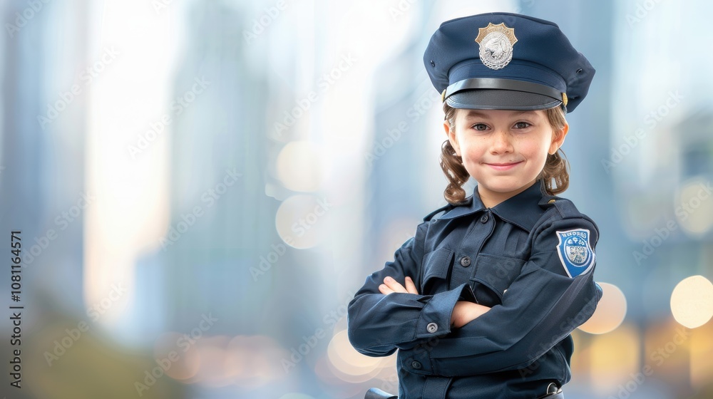Child in Police Uniform Against Cityscape Background for Education or Career Day Theme Child in Police Uniform Against Cityscape Background for Education or Career Day Theme