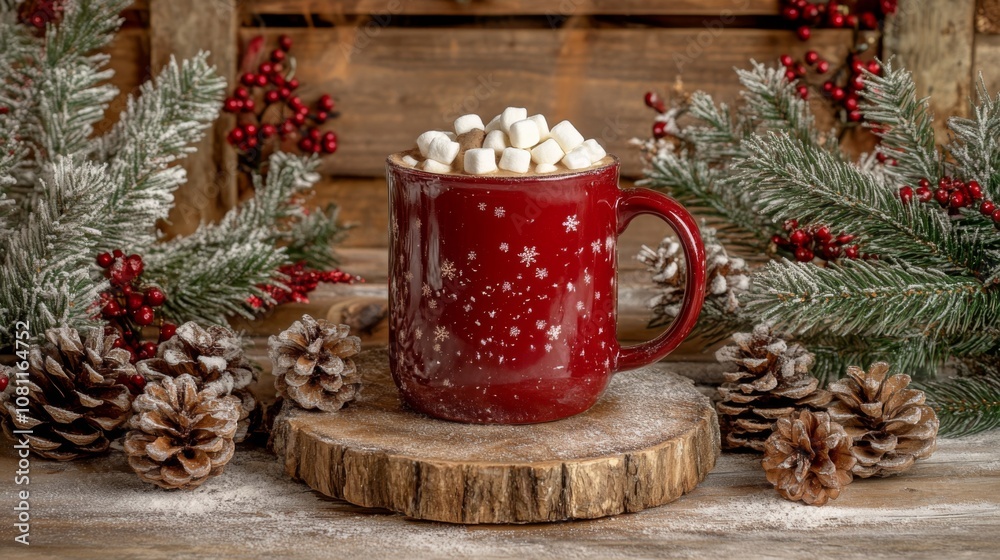 Red Mug of Hot Cocoa Topped with Marshmallows and Snowflakes Surrounded by Pine Branches and Pinecones on a Rustic Wooden Table