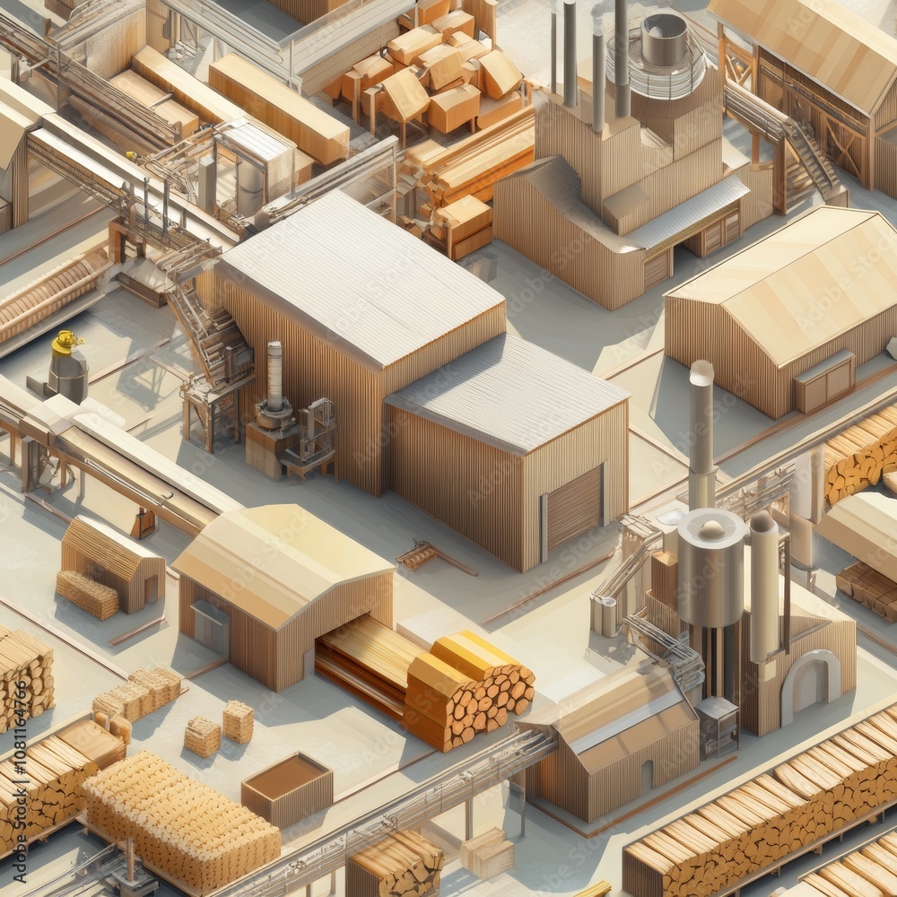 Highly Detailed Top View of a Complex Wood Processing Plant for Industrial or Manufacturing Concepts Generative AI