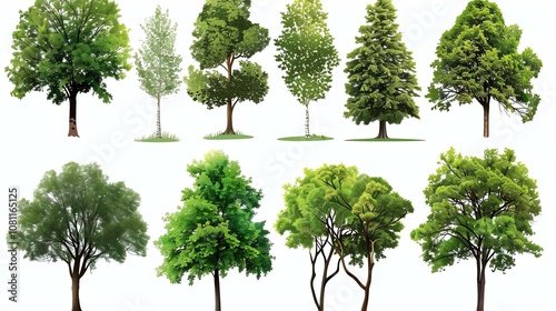 A collection of ten realistic tree illustrations, each with a unique shape and texture. photo