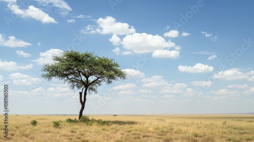 This image shows a lonely tree in the middle of a vast, grassy plain. The sky is blue, and there are some clouds in the distance.