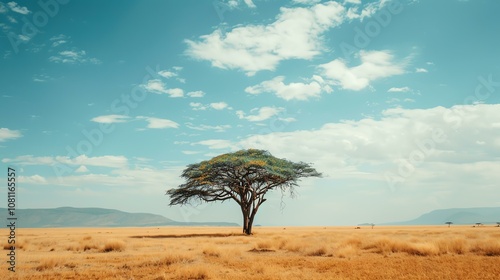 The vast African savannah stretches as far as the eye can see. A lone tree stands in the foreground, its branches reaching out to the sky. photo