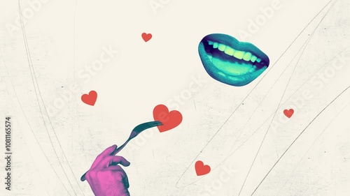 Motion poster trend art collage video of hand hold fork feed mouth heart blogging nutrition valentine day romance 