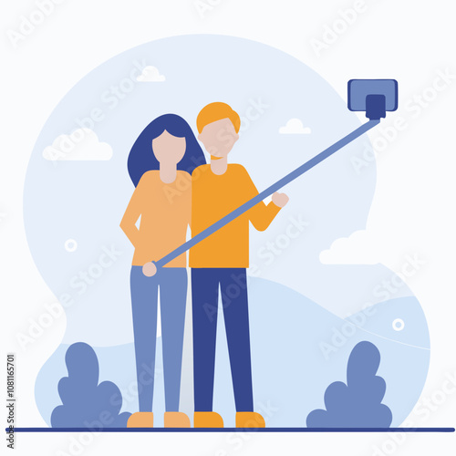 A man and a woman are taking a selfie with a selfie stick. The man is wearing an orange shirt and the woman is wearing a yellow shirt. The image has a light and cheerful mood