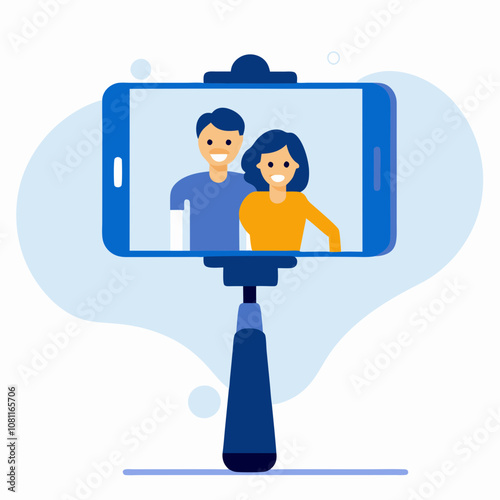 A man and woman are smiling at the camera. The man is wearing a blue shirt and the woman is wearing an orange shirt. The camera is a selfie stick