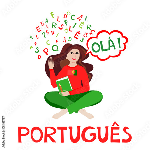 Portugues. Translate:" Portuguese,  hello" Illustration for book, dictionary, vocabulary, speaking, reading, writing, listening skills.  Young woman girl student learning Portuguese. Education  vector