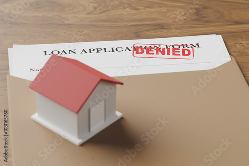 loan application with denied stamps and house model on white table. 3d rendering.