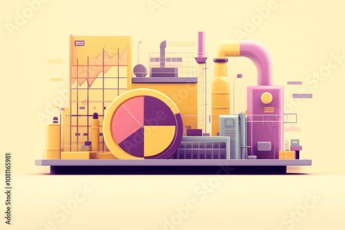 Factory Illustration with Circular Saw and Pie Diagram Emphasis on Character Design Generative AI photo