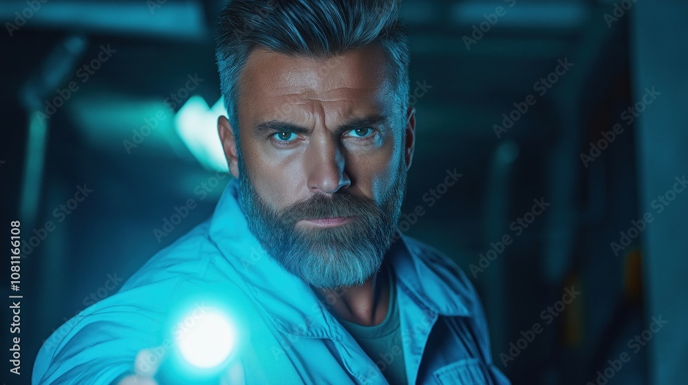 In a low-light environment, a determined man with a strong presence directs a flashlight, illuminating a dark corridor In a low-light environment, a determined man with a strong presence directs a flashlight, illuminating a dark corridor