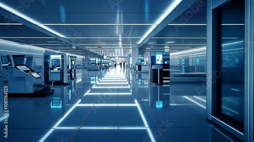 Futuristic White Interior with Automated Kiosks and Neon Lighting