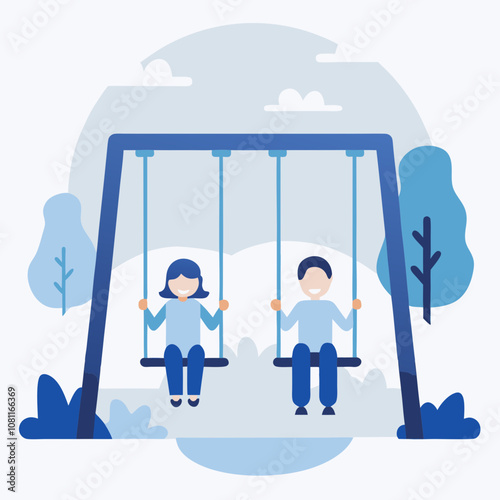 Two children are swinging on a swing set in a park. Scene is playful and carefree