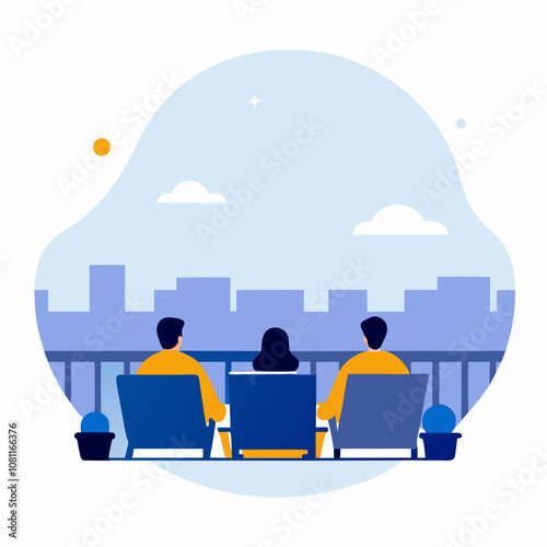 Three people are sitting on chairs on a balcony overlooking a city. Scene is relaxed and peaceful