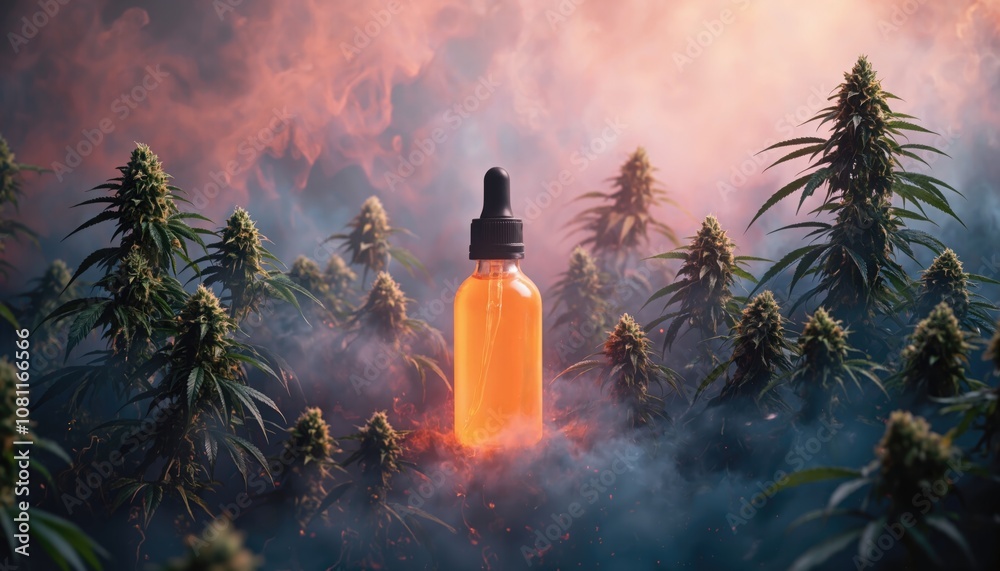 Amber dropper bottle with cannabis oil surrounded by cannabis plants and mist. Concept of alternative medicine, wellness, and herbal supplements. Design for poster, banner, and product packaging. Amber dropper bottle with cannabis oil surrounded by cannabis plants and mist. Concept of alternative medicine, wellness, and herbal supplements. Design for poster, banner, and product packaging.