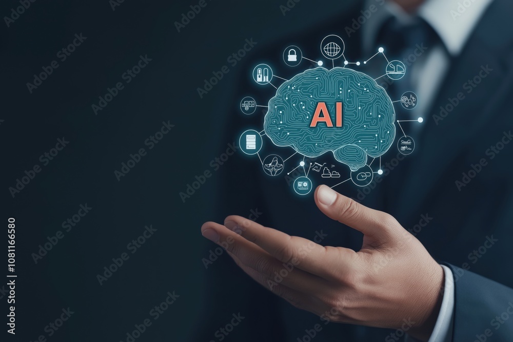 Businessman presenting ai technology concept with digital brain interface highlighting innovation in artificial intelligence and data networks Businessman presenting ai technology concept with digital brain interface highlighting innovation in artificial intelligence and data networks