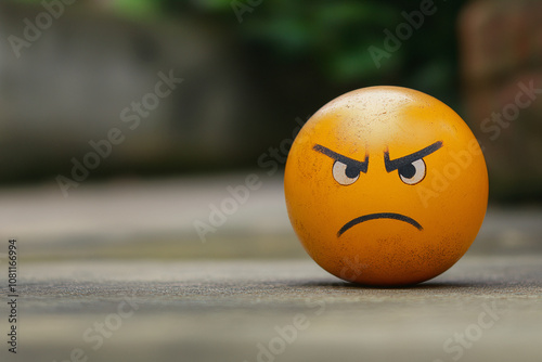3D realistic angry emoji smiley emoticon face placed on the ground, outdoors, expression, high resolution