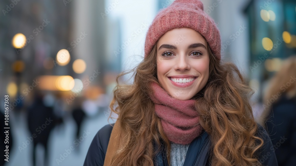 A young woman with curly hair smiles broadly while walking through a bustling city street. She wears a pink knit hat and a matching scarf, enjoying the winter atmosphere A young woman with curly hair smiles broadly while walking through a bustling city street. She wears a pink knit hat and a matching scarf, enjoying the winter atmosphere