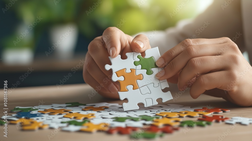 persons hands carefully fit together vibrant jigsaw puzzle pieces on a wooden surface, surrounded by various scattered pieces under warm afternoon light in a comfortable room persons hands carefully fit together vibrant jigsaw puzzle pieces on a wooden surface, surrounded by various scattered pieces under warm afternoon light in a comfortable room