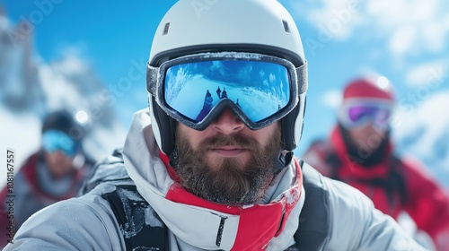 skier equipped with a helmet and goggles focuses on the thrilling descent ahead. Behind, fellow adventurers don vibrant winter gear while enjoying the beautiful, clear mountain environment