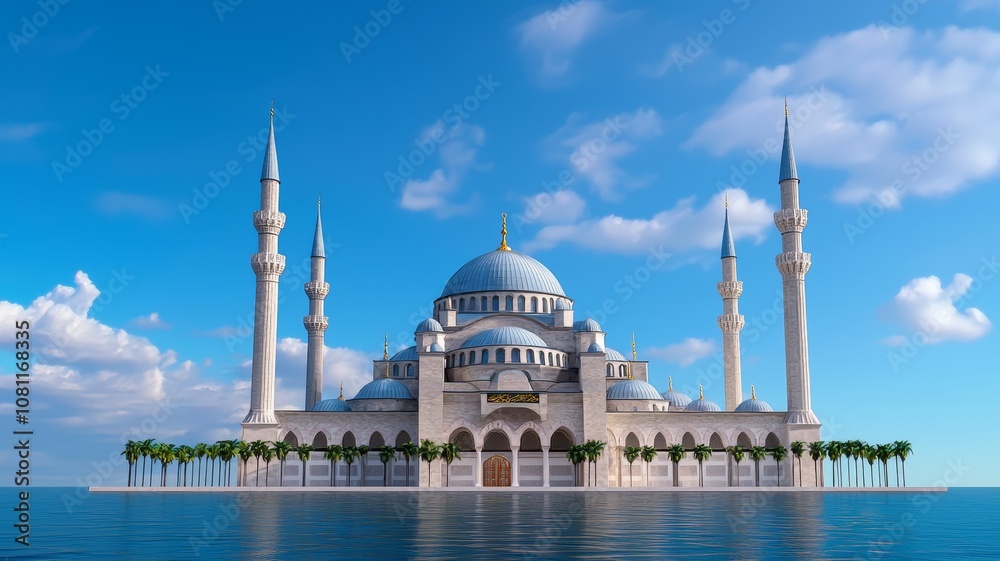 Naklejka premium Majestic Mosque with Minarets Surrounded by Serene Waters and Lush Palm Trees Under a Bright Blue Sky and Fluffy Clouds in the Background