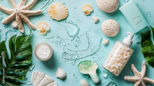 Beach Inspired Flat Lay with Starfish, Seashells, and Skincare Products photo