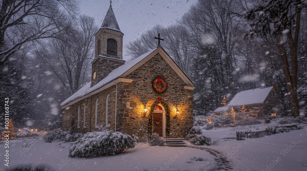 Stone Church Adorned with Christmas Lights in a Winter Snowstorm Stone Church Adorned with Christmas Lights in a Winter Snowstorm