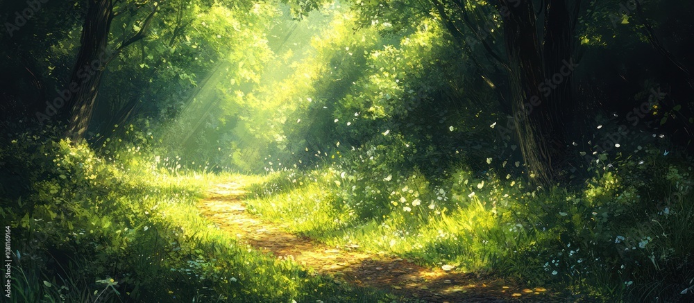 Fototapeta premium Sunbeams illuminate a path through a lush forest, dappled light creates a magical atmosphere.
