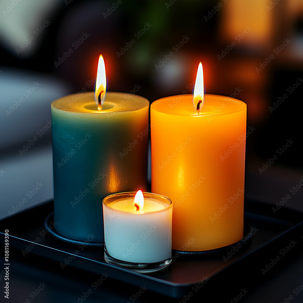Three Burning Candles on a Tray, flame, flames, teal candle, orange candle, white candle Three Burning Candles on a Tray, flame, flames, teal candle, orange candle, white candle