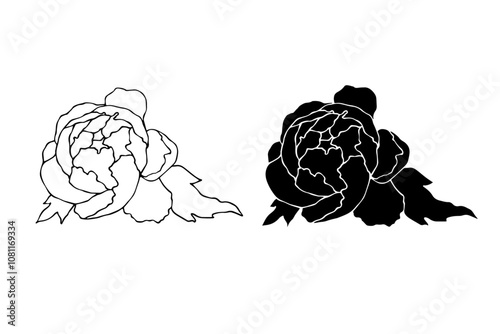 Linear sketch,silhouette,stamp of peony flower.Decorative botanical element.Vector graphics.