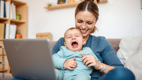 mother with crying baby working online photo