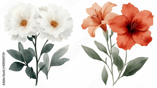 Watercolor Floral Set White and Terracotta Flowers, botanical, illustration, painting, art, design