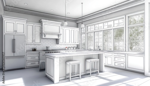 A 3D rendering of a modern kitchen with white cabinets, a large island, and a window overlooking a garden.