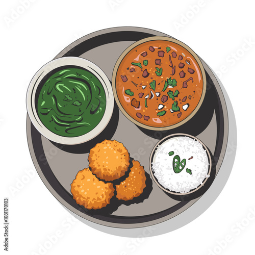 Indian Thali Illustration with Traditional Dishes on White Background