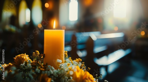 Softly lit image of a single candle flame surrounded by a beautiful arrangement of yellow and white flowers. photo