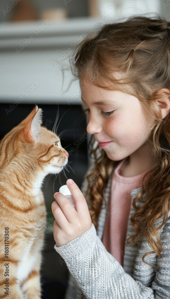 Young Girl Managing Cat Allergy Symptoms with Nasal Spray Before School Young Girl Managing Cat Allergy Symptoms with Nasal Spray Before School