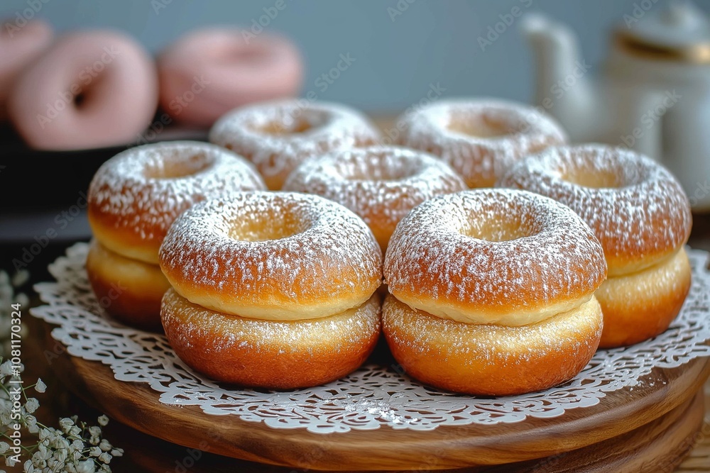 Delicious freshly made donuts dusted with powdered sugar on a wooden platter Delicious freshly made donuts dusted with powdered sugar on a wooden platter