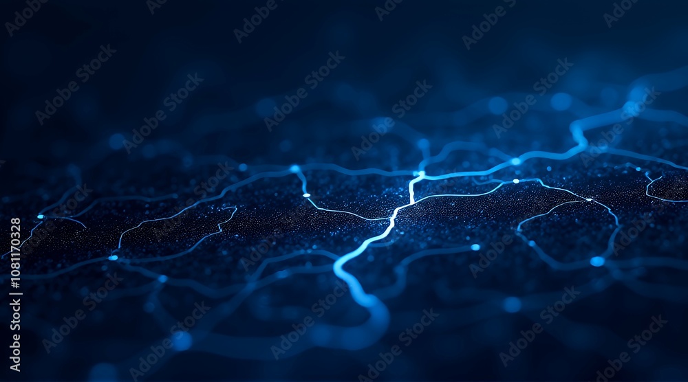 Obraz premium A glowing world map depicted with blue neon lights and connecting lines indicating a complex network representing global communication and technological connectivity.
