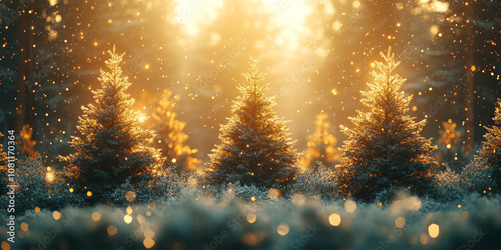 A golden hour view of snow-covered pine trees with warm glowing lights and a magical, wintery atmosphere. A golden hour view of snow-covered pine trees with warm glowing lights and a magical, wintery atmosphere.