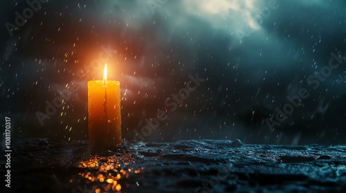 A single candle burns in the rain. The dark background makes the candle stand out. The image is both beautiful and sad. photo