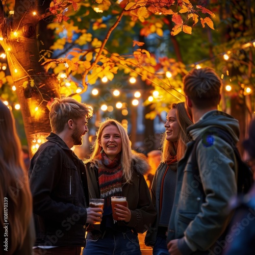 Friends Enjoying Drinks and Conversation at a Festive Autumn Outdoor Gathering Under String Lights