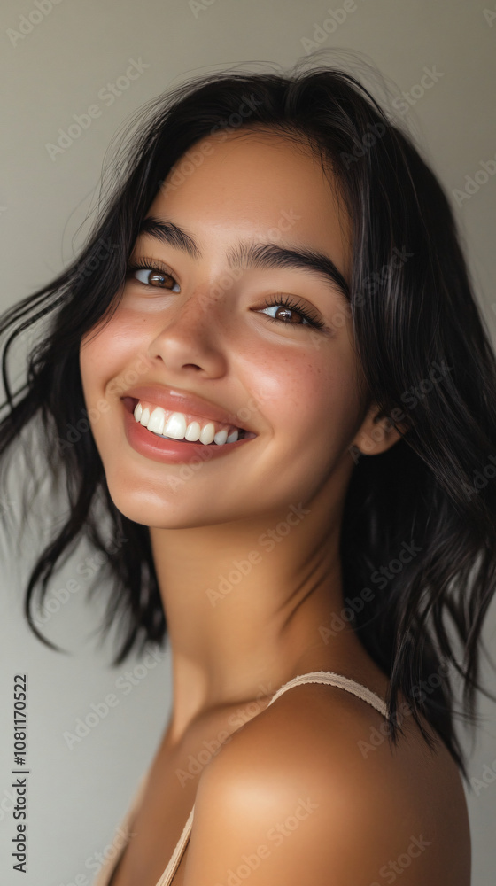 Portrait of a beautiful young woman smiling, showcasing flawless skin and perfect white teeth Portrait of a beautiful young woman smiling, showcasing flawless skin and perfect white teeth