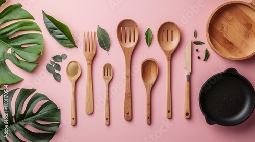 Bamboo Kitchen Utensils and Green Leaves on a Soft Pink Background photo